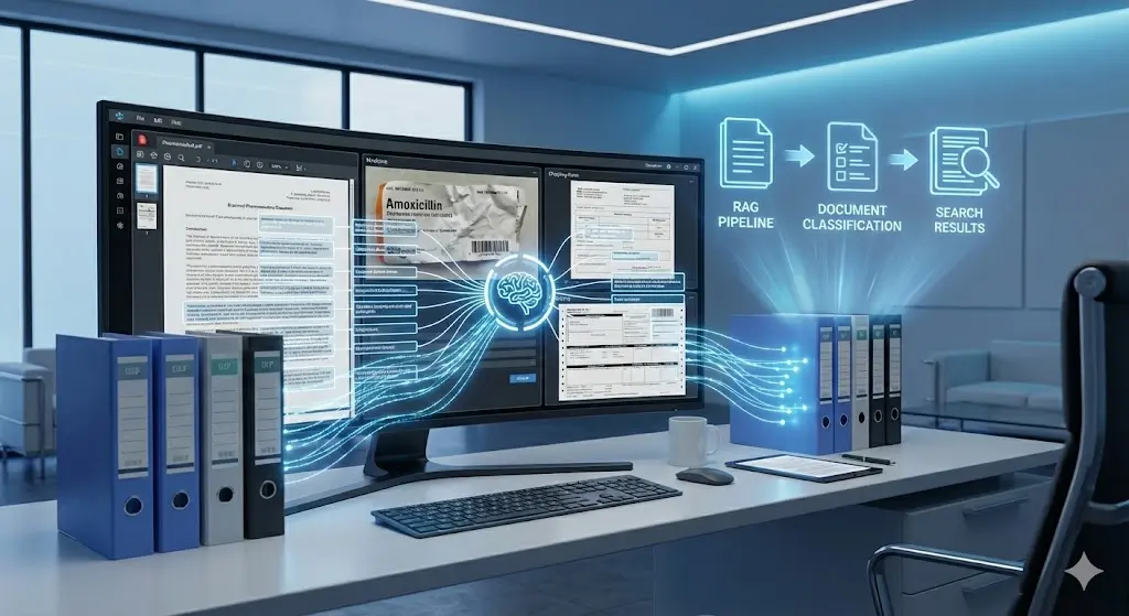 Pfizer AI document intelligence workspace showing document classification, RAG pipeline, and search